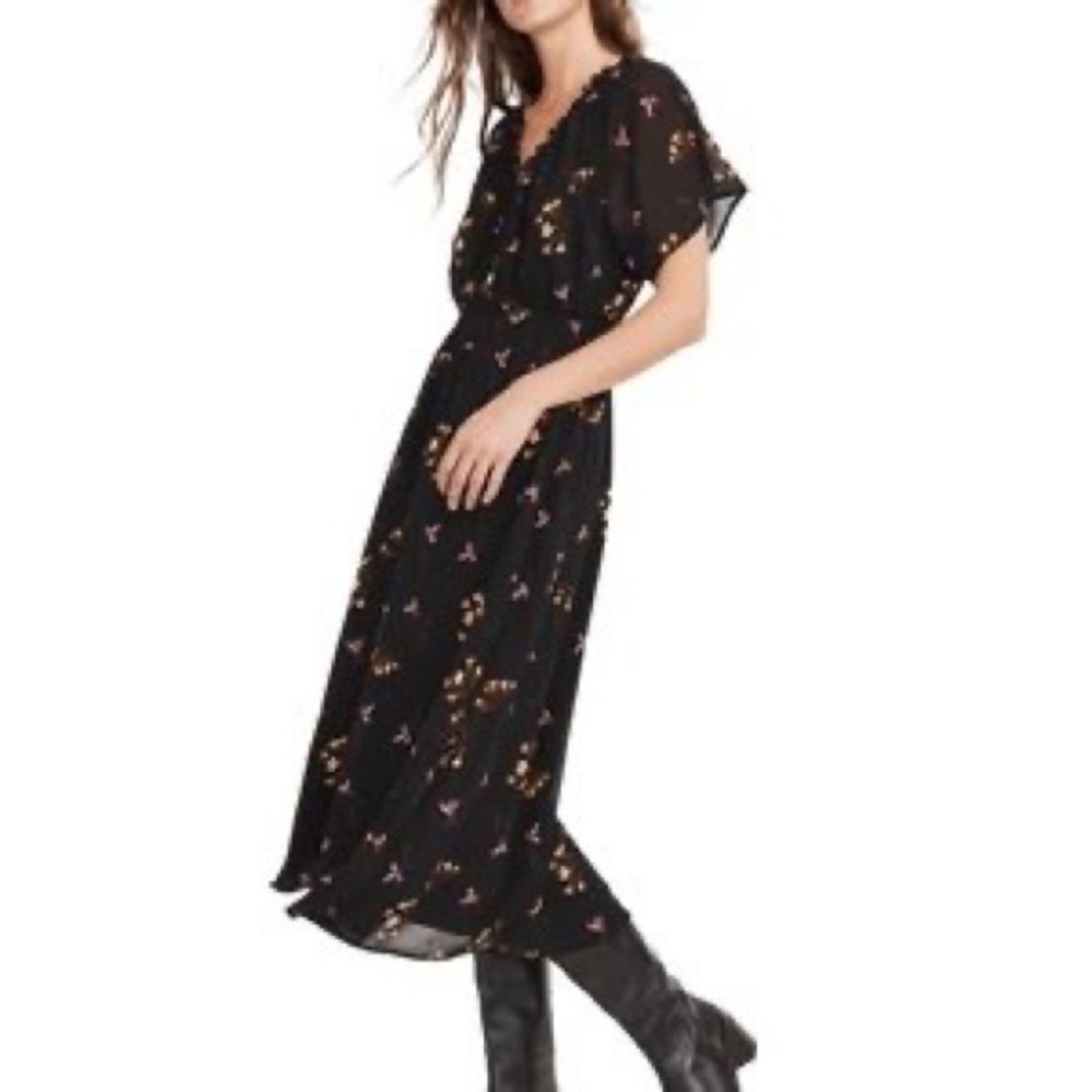 Madewell Black floral Georgette midi dress with flutter sleeves XXL